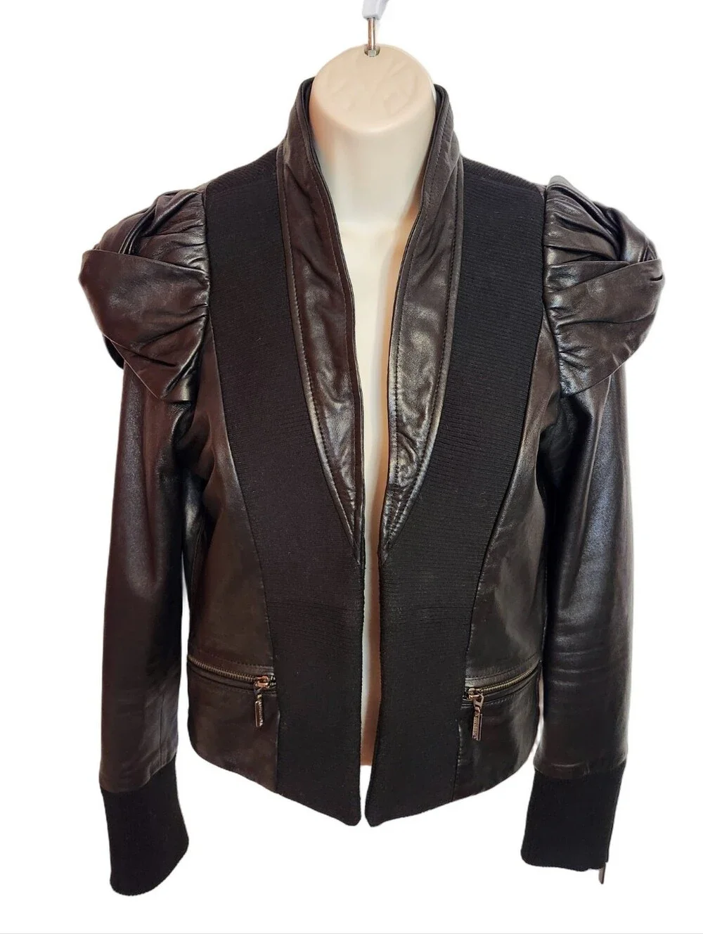 Afflication Leather Ribbed Knit Open Front Twist Puff Sleeve Moto Jacket Black M - Picture 2 of 10